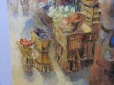 a painting of a fruit stand with baskets of fruit on it