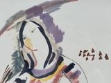 a painting of a woman with a bird on her head