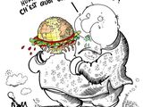 un dessin de bande dessinée représentant un homme tenant un sandwich à la main