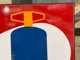 a red and white sign with a blue and yellow object on it