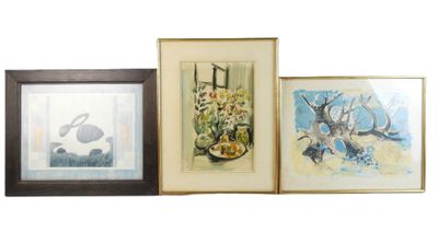 Réunion de trois tableaux : - Nature morte aux fleurs. Aquar… - Photo 1