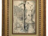a drawing of a man and a woman in a park by a tree