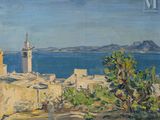 une image représentant un tableau représentant une vue d'une ville au bord de l'eau