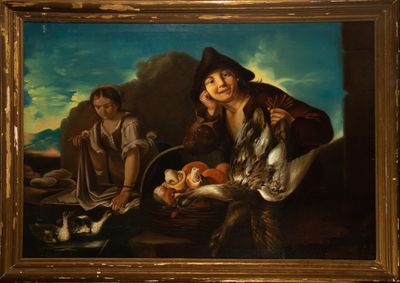 tableau représentant un homme et une femme avec un panier de poissons