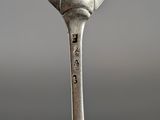 a silver spoon with a silver handle on a table
