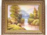une peinture représentant une rivière avec des arbres et une cascade en arrière-plan