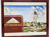 painting of a woman standing in front of a bed with a sky background