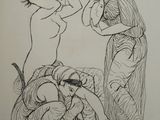 drawing of a couple of women standing next to each other in a room