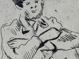 drawing of a man sitting on a chair with his arm crossed
