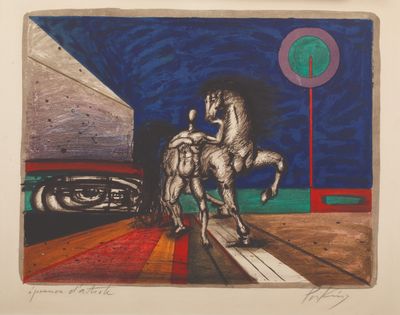 tableau représentant un homme à cheval dans une rue, à côté d'une voiture