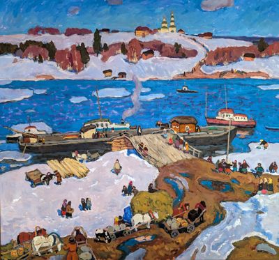 peinture représentant un tableau d'un port avec des bateaux et des personnes sur l'eau