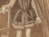 un vieux dessin représentant un homme vêtu d'une tenue noire et blanche, debout à côté d'une chaise