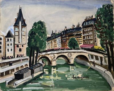 a painting of a bridge over a river with boats on it