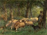 un tableau représentant un homme debout dans un champ avec un troupeau de moutons