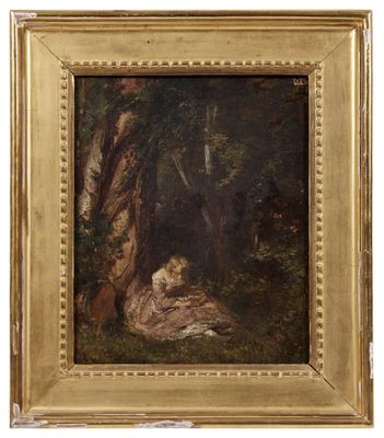 une peinture à l'huile représentant une femme dans un décor boisé