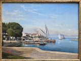 a painting of a harbor scene with sailboats on the water