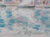 a drawing of a boat in the water with a building in the background