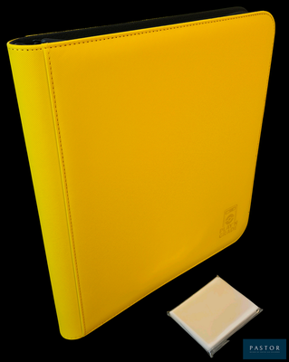 a yellow binder with a white square on it