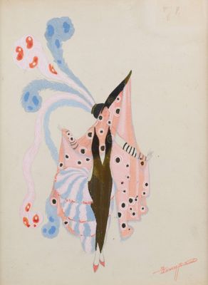 painting of a woman in a pink and blue dress with a flower in her hair