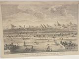 an old drawing of a view of a city with a castle in the background