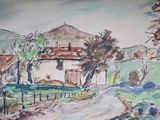 a watercolor painting of a house on the side of the road