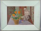 painting of a man sitting on a chair with a potted plant
