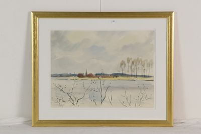 aquarelle encadrée représentant un paysage enneigé avec des arbres au premier plan