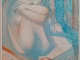 painting of a woman sitting on a bed in a blue room