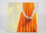 painting of a woman in an orange dress with her hands in her pockets