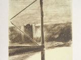 a drawing of a view of a city through a window