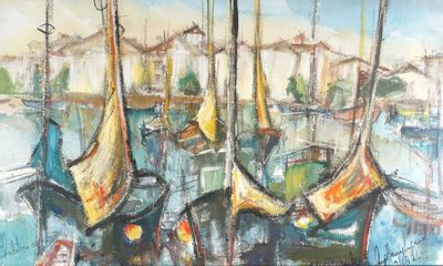 peinture de bateaux dans un port avec des bâtiments en arrière-plan