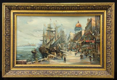 une image représentant une peinture d'une scène portuaire avec un navire au premier plan