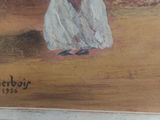 un vieux tableau représentant une femme en robe blanche tenant un parapluie