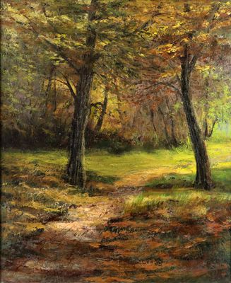 une peinture à l'huile d'un chemin dans une forêt avec des arbres