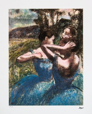 un tableau représentant deux femmes en robe bleue assises dans un champ