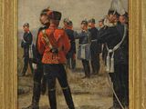 tableau représentant un homme en uniforme rouge debout devant un groupe d'hommes en uniforme