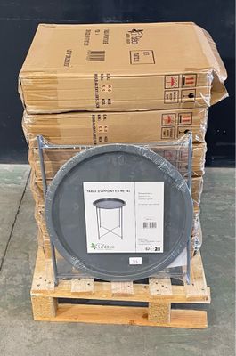 a stack of boxes and a plastic container on a pallet