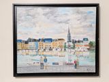 painting of a painting of people walking on a sidewalk near a body of water