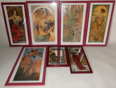 four framed pictures of a woman in a red dress and four other pictures of a woman