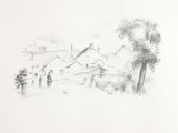 a drawing of a house with a tree in front of it