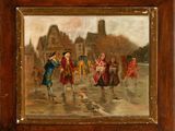 an oil painting of a group of people walking down a street
