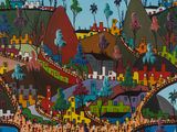 brightly colored painting of a town on a hill with a river in the foreground