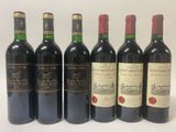 six bottles of red wine are lined up in a row