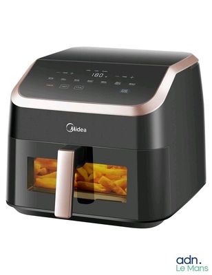 an image of a black and gold air fryer with french fries in it