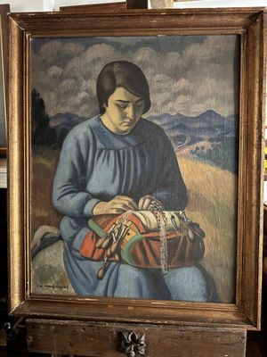 un tableau représentant une femme assise sur un banc