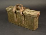 a green box with a brown strap on it