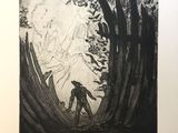 an image of a drawing of a man walking through a forest