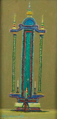 an oil painting of a clock tower with candles in it