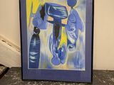 tableau représentant un homme et une femme en bleu et jaune posés sur une table