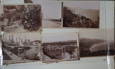 several old black and white photos of a river and a bridge